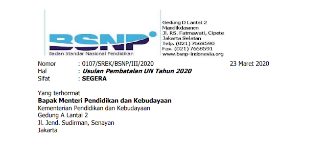 BSNP, Usulan Pembatalan Ujian Nasional Tahun 2020