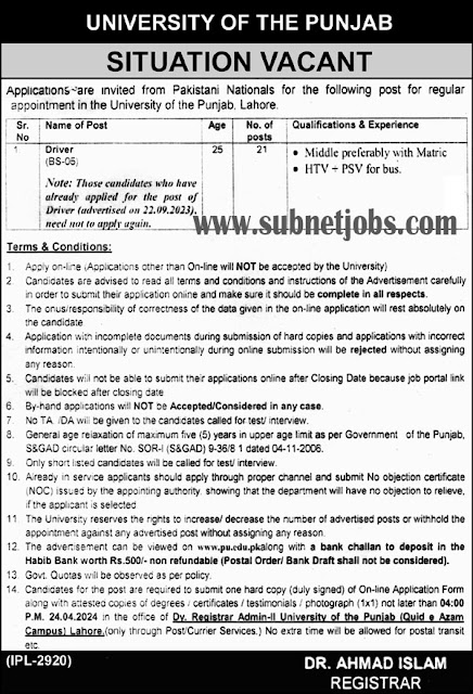 University Of The Punjab PU Lahore Government Jobs 2024