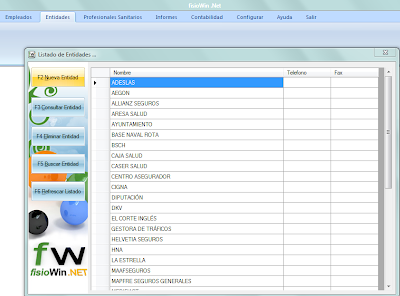 Imagen capturada del programa en la que disponemos de una lista de entidades posiblemente asociadas a nuestra clínica