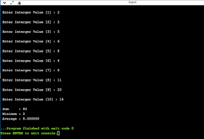 Output of Write a C Program to read 10 numbers from user and store them in array Display Sum, Minimum and Average of the numbers