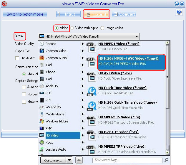 Output format setting