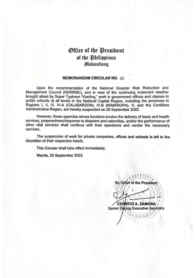 Malacañang issues Memorandum Circular 06 suspending work in government offices and classes in public schools at all levels on Monday, September 26, 2022