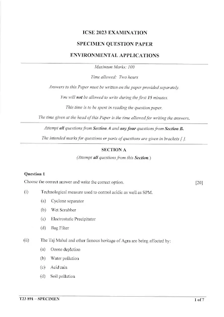 ICSE 10th Environmental Applications Specimen Paper 2023