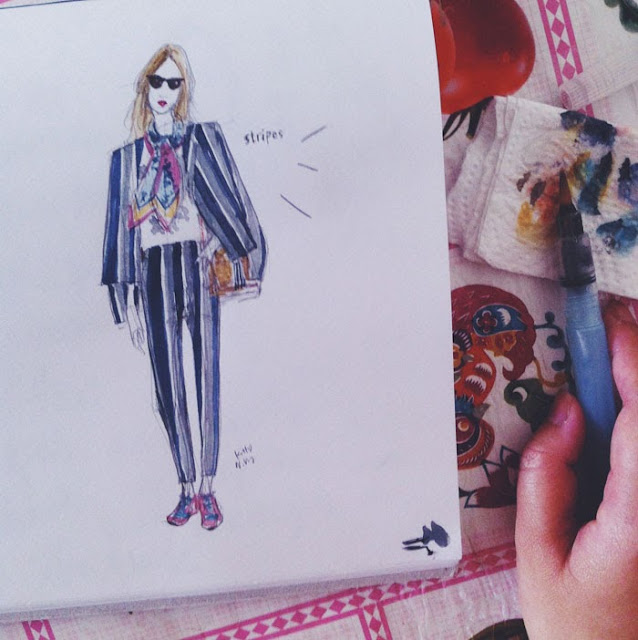 Kitty N. Wong / fashion illustration girl in stripe suit streetstyle sketch