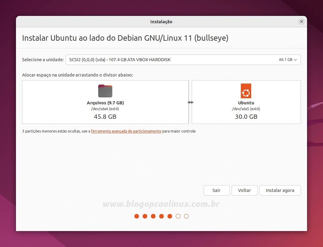 Opção 'Instalar o Ubuntu ao lado', permitindo definir o tamanho para as partições Raiz e HOME (Arquivos)