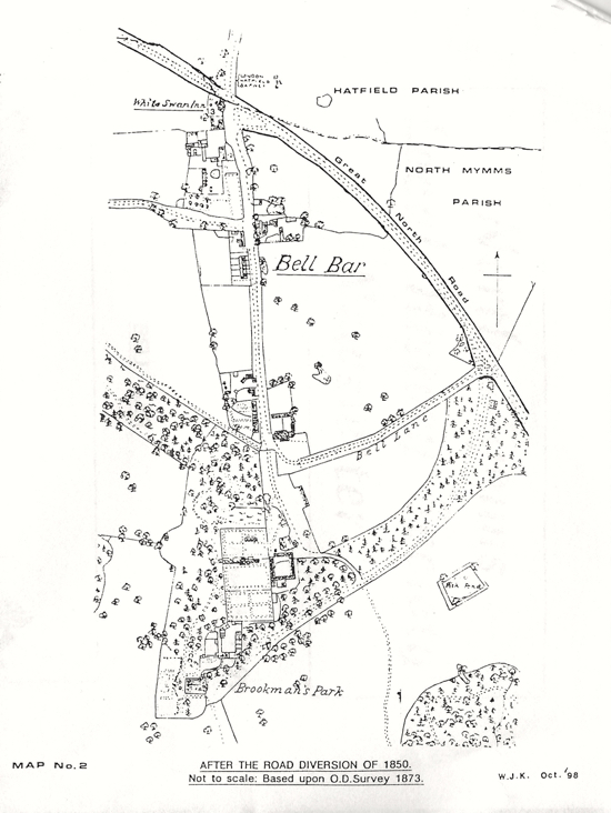 Map 2 - scan map which is based on  the OS map for 1873 showing Bell Bar after the road diversion of 1850 Image from Bill Killick