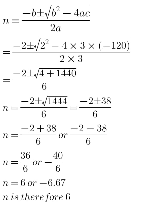 Using quadratic method to find the value of "n"