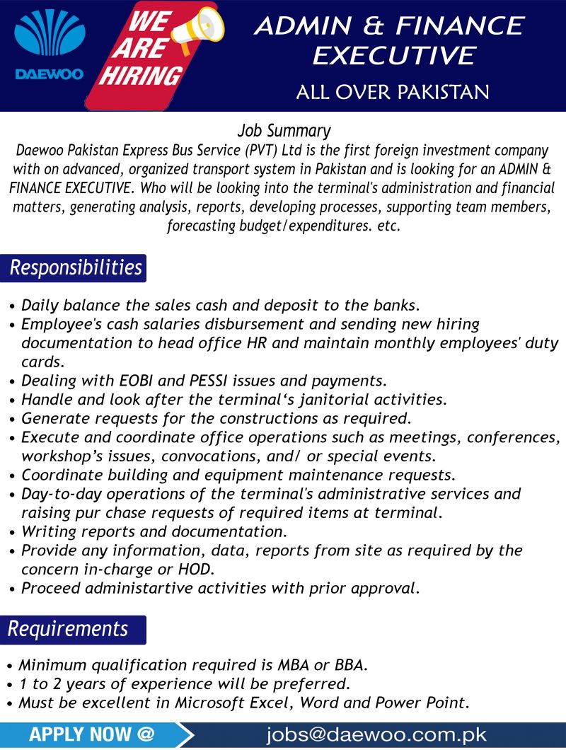 Daewoo Pakistan Express Bus Service Ltd Jobs Admin & Finance Executive