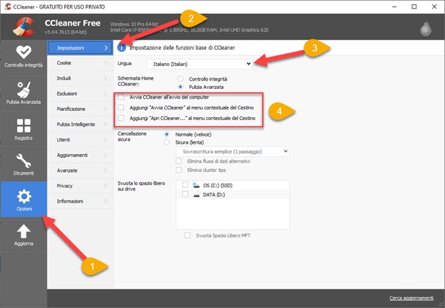 impostazioni di default di ccleaner