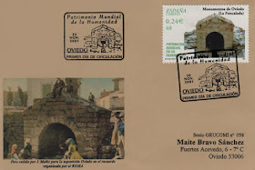 Tarjeta del matasellos PDC del sello de Monumentos de Oviedo, La Foncalada, de la serie Patrimonio Mundial de la Humanidad.