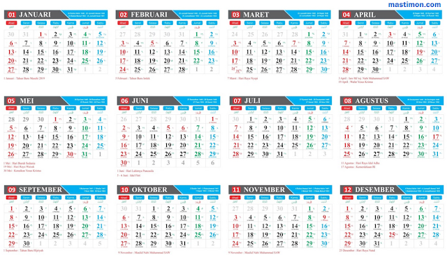 Template Kalender 2019 Vektor lengkap tanggal Hijriyah 