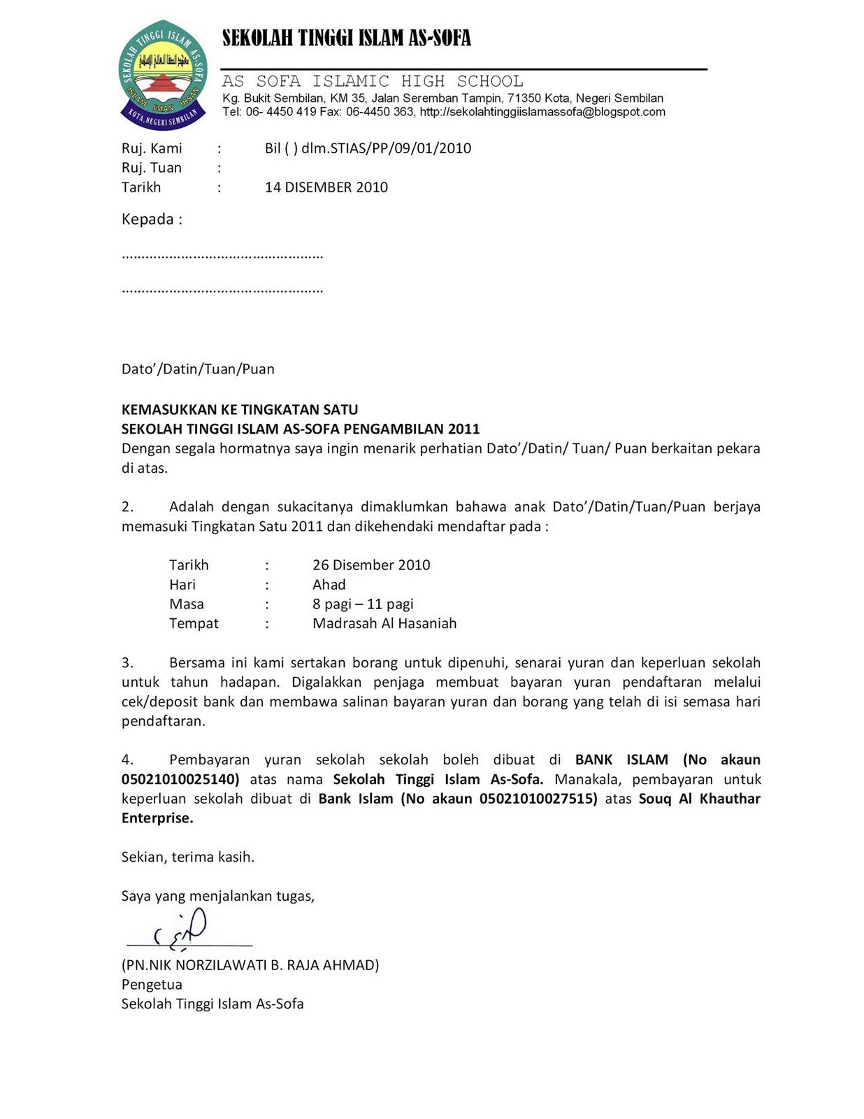 Contoh Surat Sokongan Mengadakan Air & Elektrik