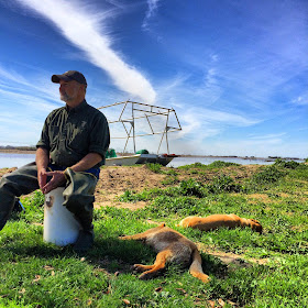 Tallgrass Farm's Burt Tietje waits for his close up while his dogs take a snooze after running through the crawfish ponds