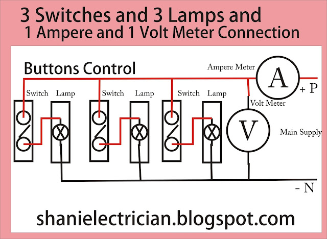 1 Volt Meter 1 Ampere Meter 3 Switches and 3 Lamps Parallel Circuit Connection