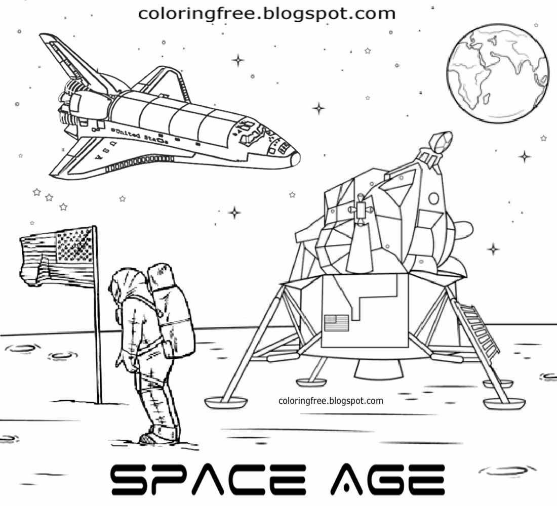 American astronaut NASA lunar landing man on the moon coloring pages kids space cartoon illustration