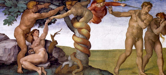 Изображение грехопадения и изгнания Адама, сделанное Микеланджело