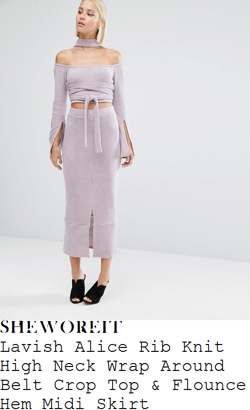 perrie-edwards-lavish-alice-mauve-lilac-grey-off-the-shoulder-bardot-neckline-long-split-sleeve-faux-choker-detail-ribbed-knit-crop-top-and-matching-high-waisted-split-front-flounce-hem-midi-skirt