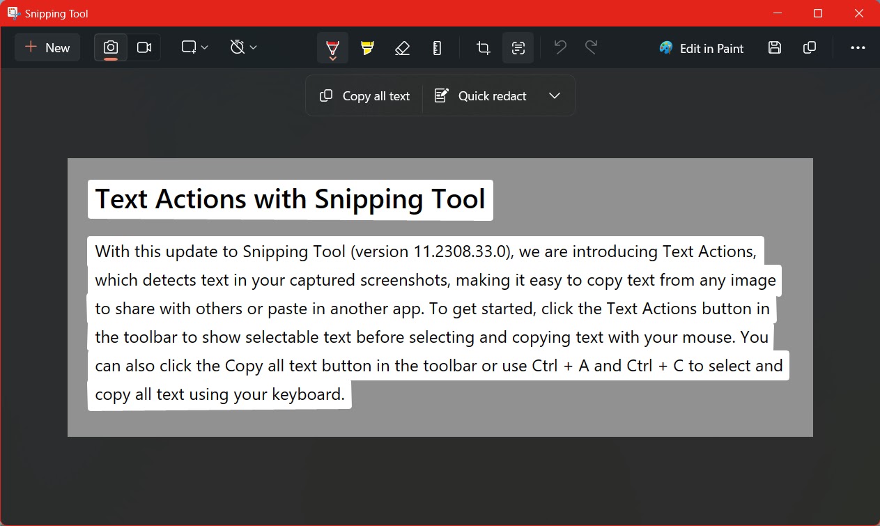 Windows Snipping Tool new feature Text Actions