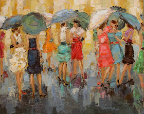 fashion ladies by kathryn morris trotter, kathryntrotterart.com, dancing in the rain, umbrella fashion ladies, fashion painting