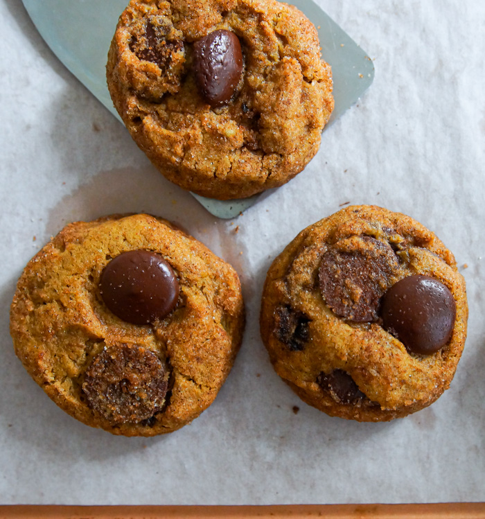 Brown Butter Maple Pumpkin Chocolate Chip Cookies on baking sheet