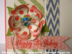 Fun Stampin with Margaret!  CCMC277 Sketch Challenge, Birthday card, Etcetera DSP, Bring on the Cake set, SU.