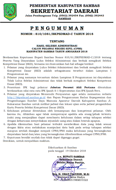 Resmi Pengumuman Lulus Administrasi CPNS 2018 Kabupaten Sambas
