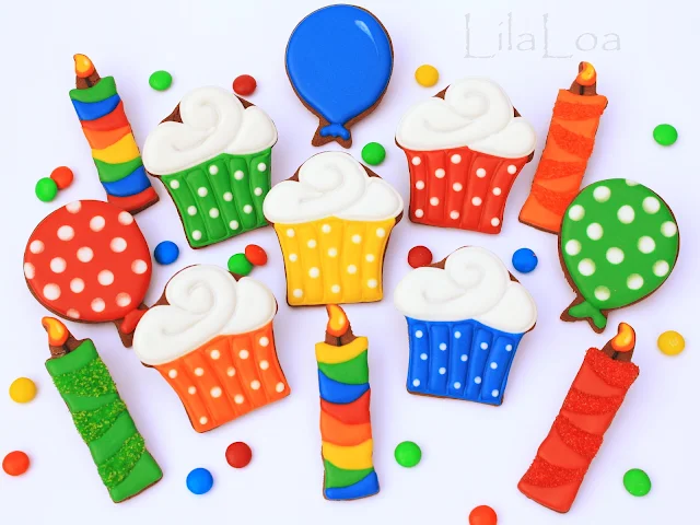 Decorated birthday themed sugar cookies - cupcake, balloon, and candle