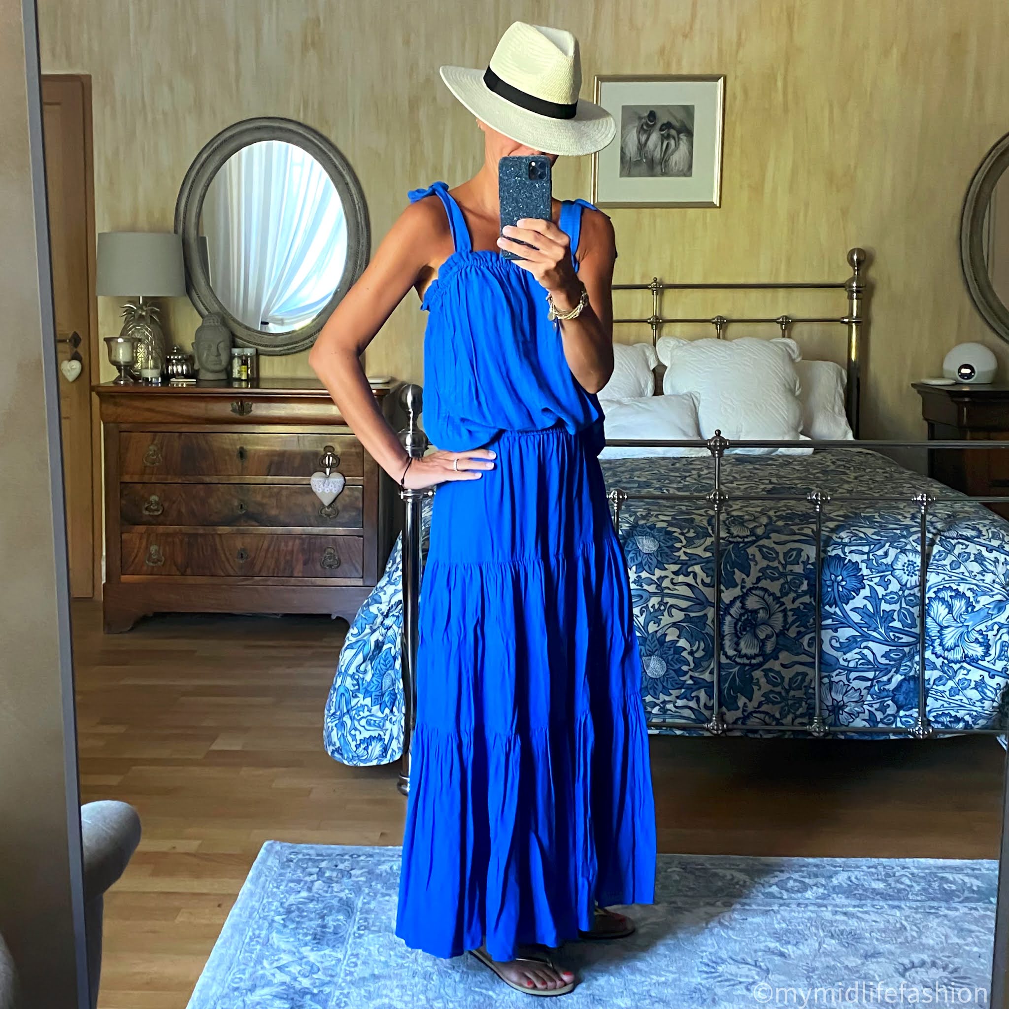 my midlife fashion, zara Panama hat, h and m shoulder tie camisole, h and m tiered maxi skirt, havanans slim fit gold flip flops