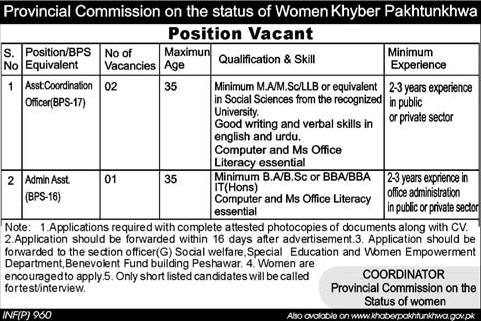 Asst Coordination Officer & Admin Assistant Jobs in Provincial Commission on the status of Women Khyber Pakhtunkhwa