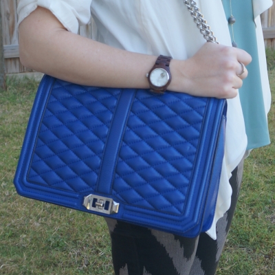 white jacket, Rebecca Minkoff quilted jumbo Love bag in cobalt | awayfromtheblue