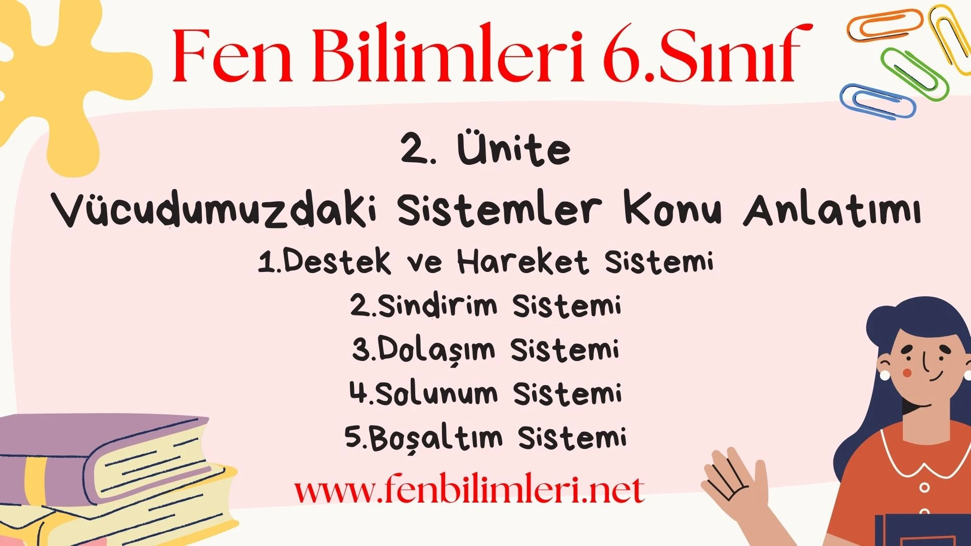 2. Ünite: Vücudumuzdaki Sistemler Konu Anlatımı 1.Destek ve Hareket Sistemi 2.Sindirim Sistemi 3.Dolaşım Sistemi 4.Solunum Sistemi 5.Boşaltım Sistemi