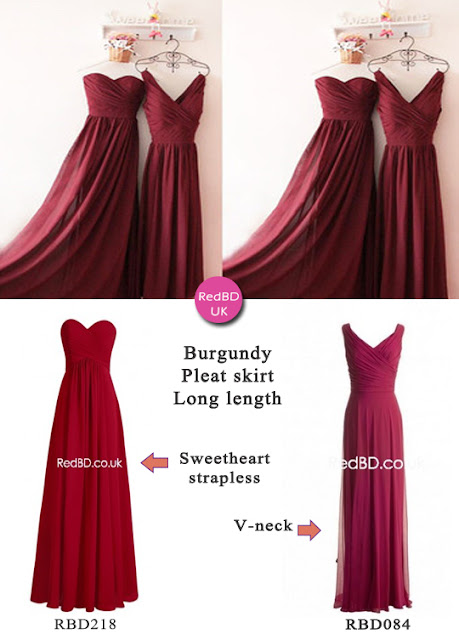 Burgundy pleat skirt bridesmaid dresses in long length