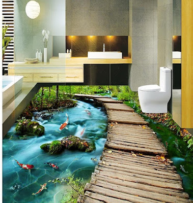 3d bathroom floor tile ideas with creek and lake side by side