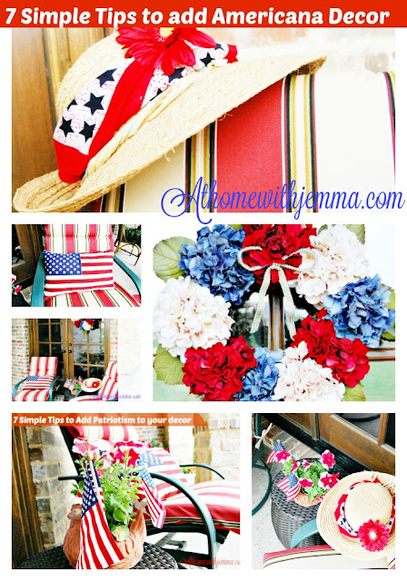 Red and white wreath, American flags, American pillows, flowers, straw hat, faux flowers, bandanna