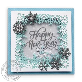 Sunny Studio Stamps: Snowflake Happy New Year Shaker Card using Layered Snowflake Frame dies & Season's Greetings stamps)