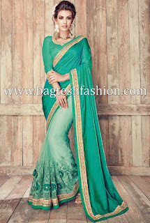 Awesome Teal Green Crepe And Net Saree