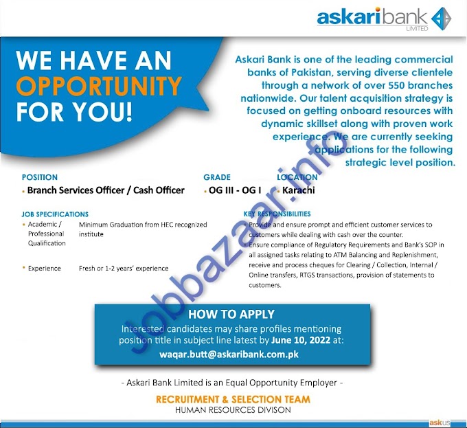  Askari Bank Limited Jobs 2022 for Branch Services Officer / Cash Officer 
