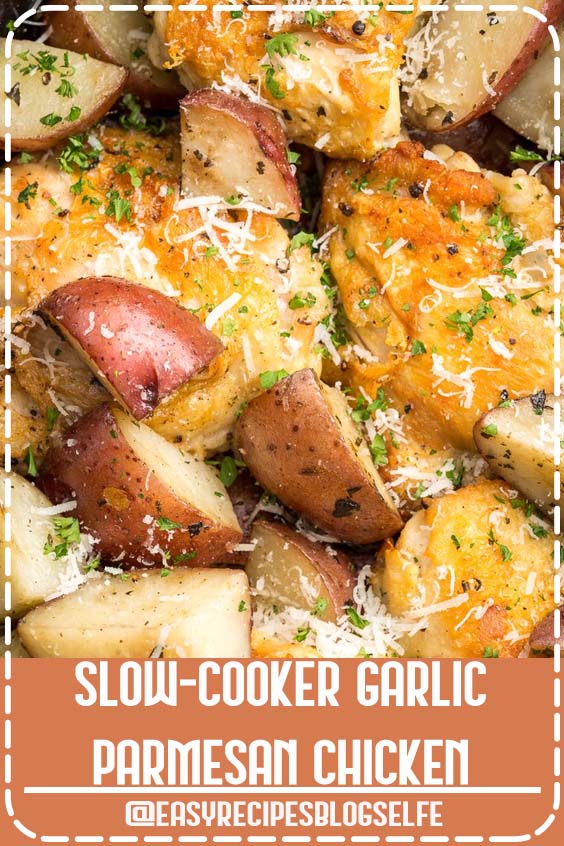 The crispy garlic chicken and parmesan potatoes makes this a serious weeknight win. Get the recipe at Delish.com. #EasyRecipesBlogSelfe #delish #easy #recipe #slowcooker #crockpot #chicken #parmesan #garlic #butter #dinner #potatoes #chickenthighs #thyme #filling #easyrecipesfortwo 