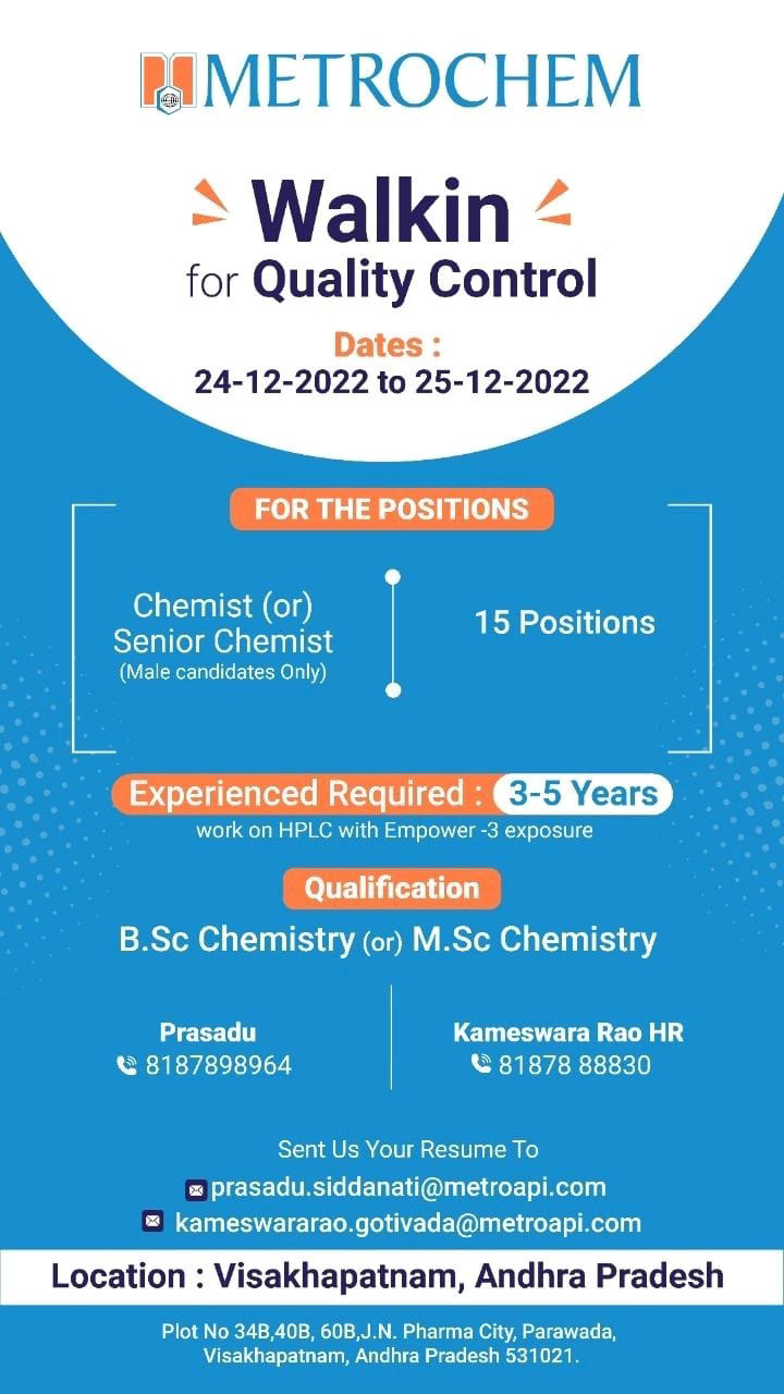 Job Availables, Metrochem Walk In Interwiew For BSc Chemistry/ MSc Chemistry