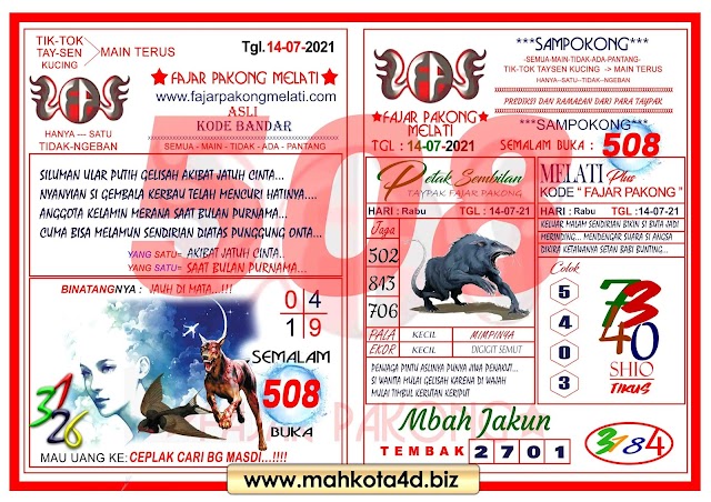 Syair Prediksi Fajar Pakong Melati Rabu, 14 - Juli - 2021