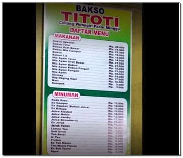 Menu Bakso Titoti Pasar Minggu