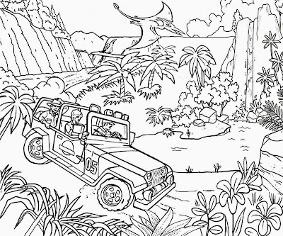 Prehistoric dinosaur river track jungle jeep car fun coloring Jurassic park pintable pages for teens