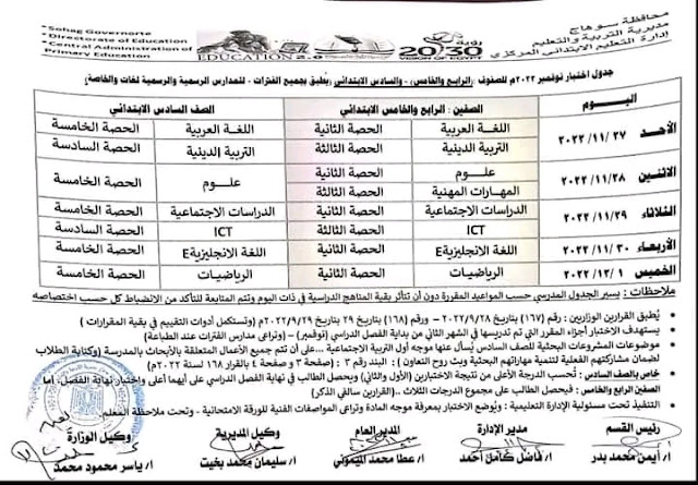 جدول امتحانات نوفمبر 2022 الصفوف الرابع والخامس والسادس الابتدائي