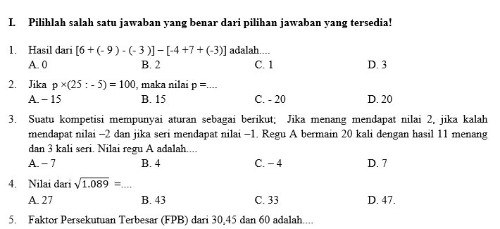 Kumpulan Soal Matematika SMP Kelas 7 Semester 1  Didno76.com