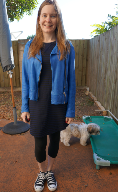 cobalt blue leather jacket striped tee dress leggings