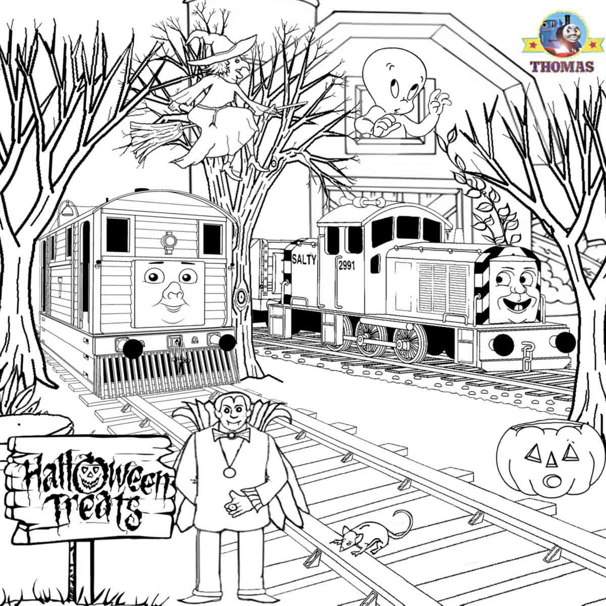 Toby train Salty Thomas tank Trick or treat coloring sheet to print Vampire phantom Witch on