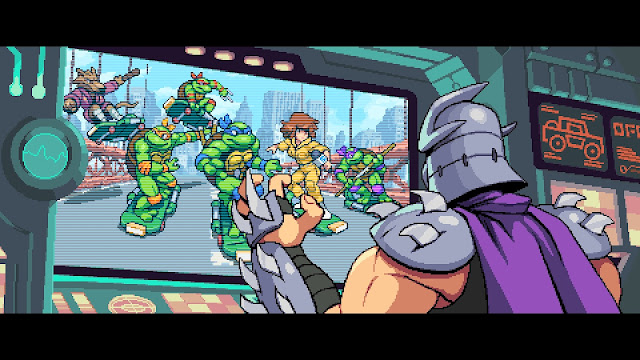 Screenshot of Shredder getting angry at the Ninja Turtles in Shredder's Revenge