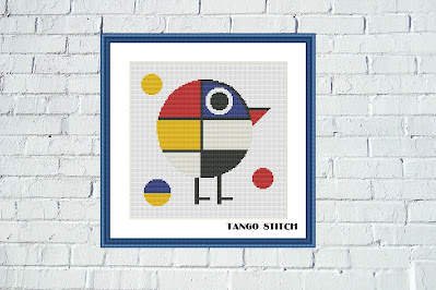 Mondrian style round bird cross stitch pattern - Tango Stitch