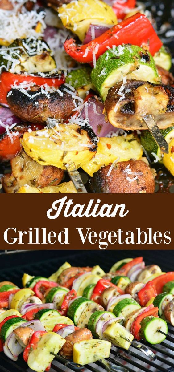 Italian Grilled Vegetables recipe. Marinaded zucchini, yellow squash, mushroom, onions, and peppers cooked on the grill and finished with grated Parmesan cheese. #vegetables #sidedish #grilled #sides #italian #parmesan