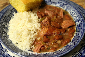 Made from scratch, dried red kidney beans made with a ham bone and the trinity and rice, both cooked in an instant pot electronic pressure cooker.